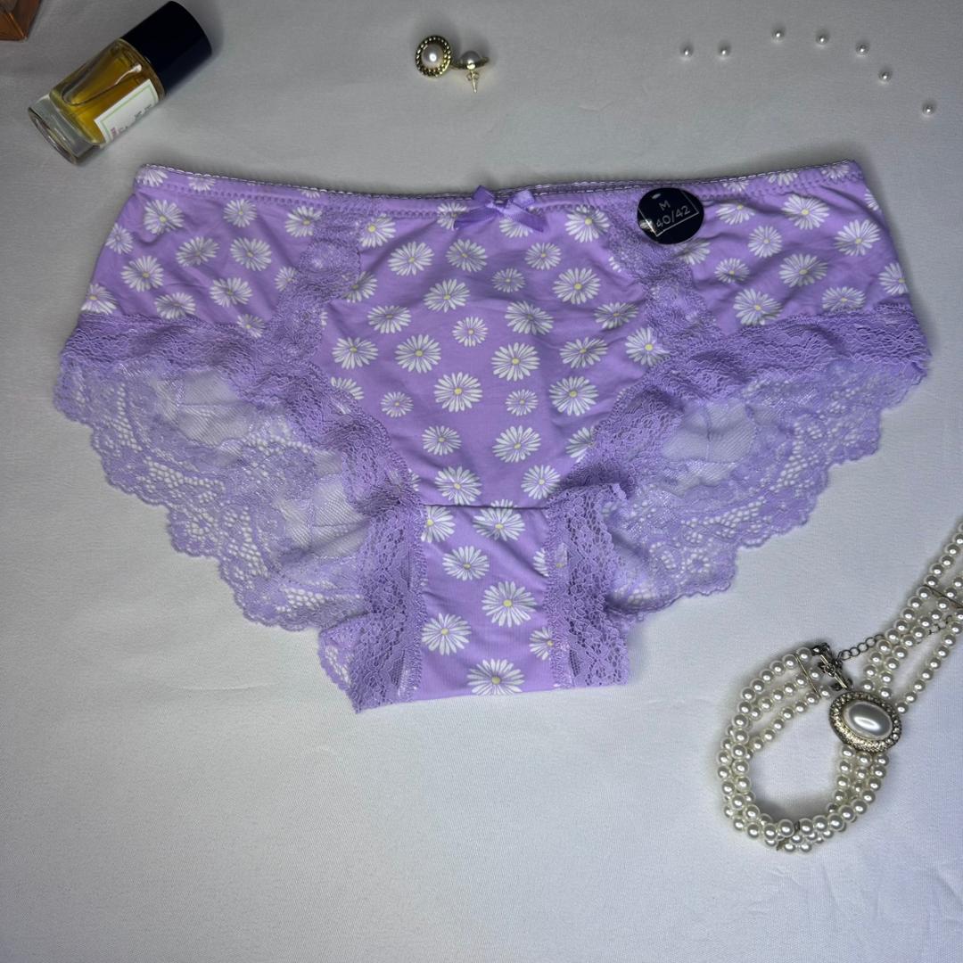 Culotte Femme Lavande Fleurs Blanches Dentelle – Coupe Féminine Microfibre | Taille M