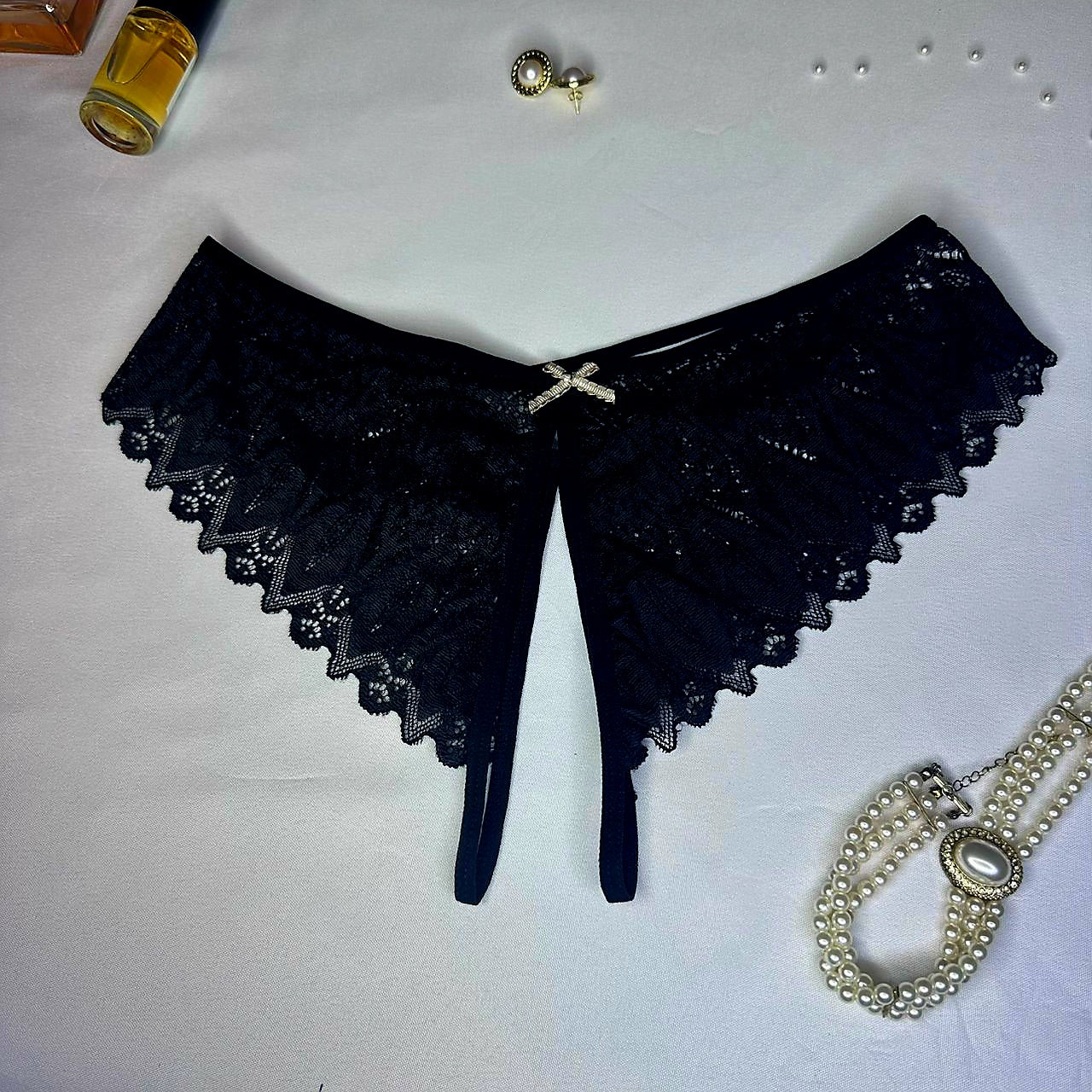 Culotte Ouverte Femme Noire Dentelle – Lingerie Sexy Ruban Doré | Taille L