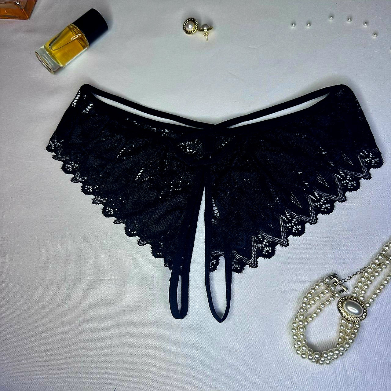 Culotte Ouverte Femme Noire Dentelle – Lingerie Sexy Ruban Doré | Taille L