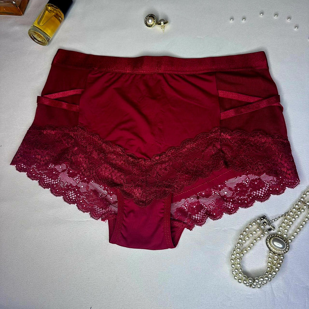 Shorty Taille Haute Femme Bordeaux Dentelle & Bandes Satinées – Lingerie Chic | Taille M