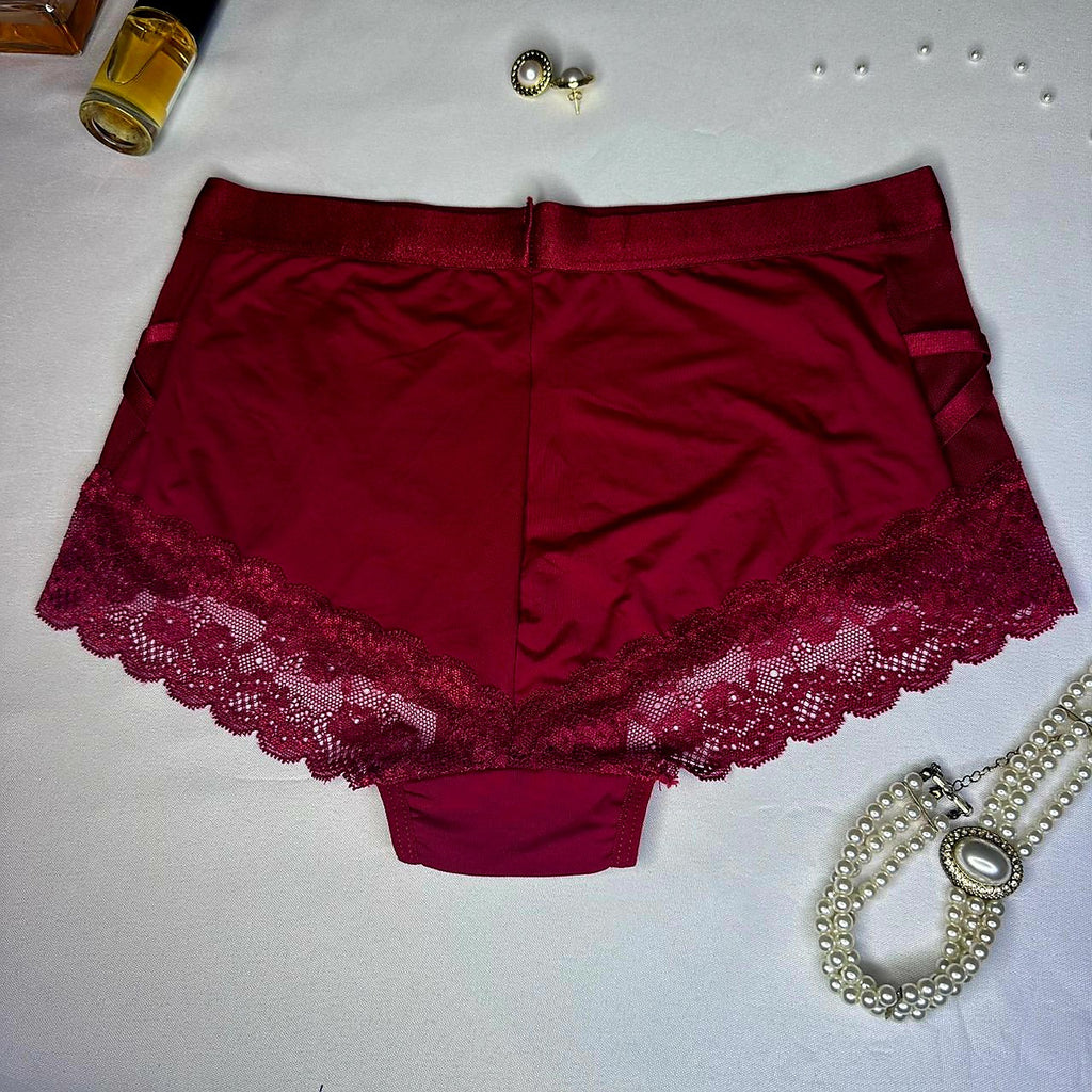 Shorty Taille Haute Femme Bordeaux Dentelle & Bandes Satinées – Lingerie Chic | Taille M