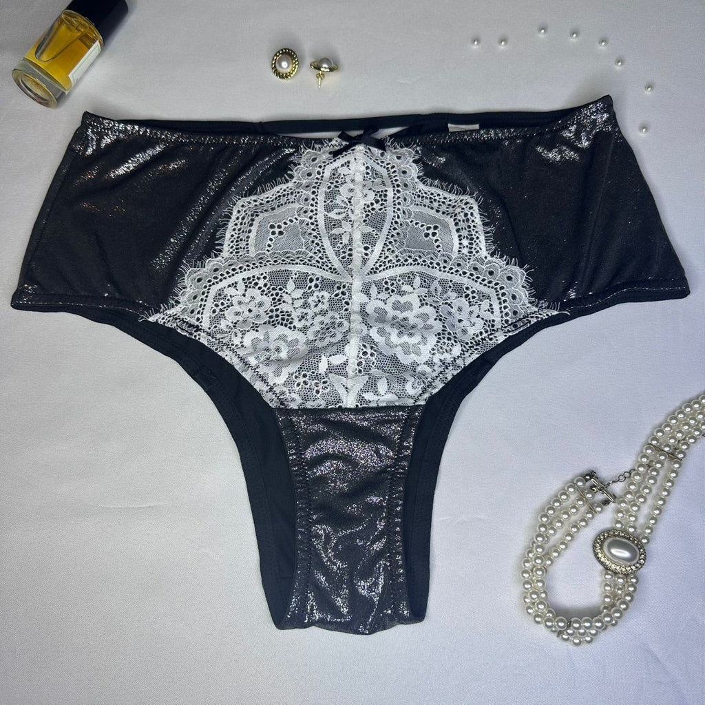 Slip Femme Noir Brillant Dentelle Blanche – Lingerie Glamour Abidjan | Taille XL