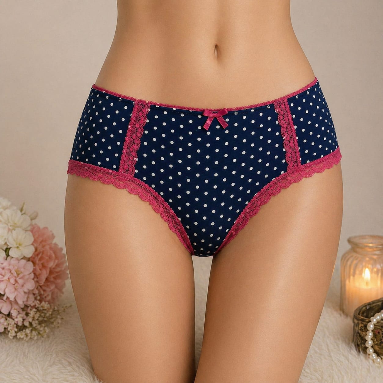 Culotte Femme Pois Blancs Dentelle Rose Fuchsia – Microfibre Légère | Taille M