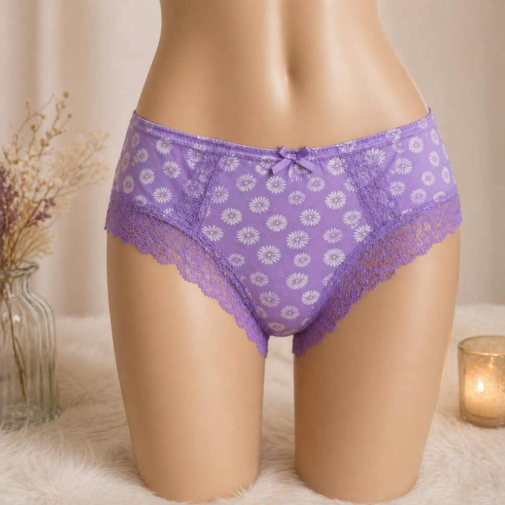 Culotte Femme Lavande Fleurs Blanches Dentelle – Coupe Féminine Microfibre | Taille M