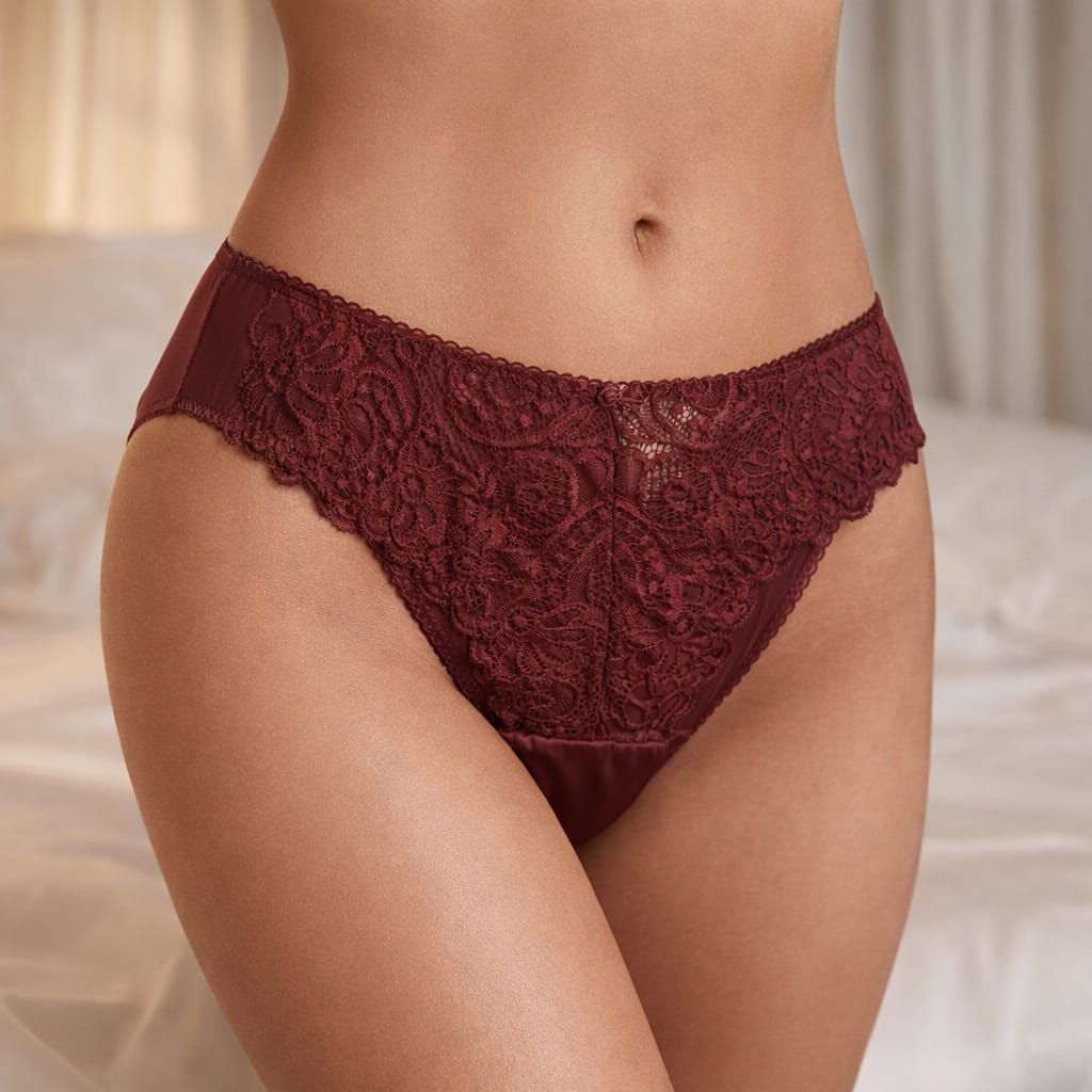 Slip Femme Bordeaux Dentelle Florale – Lingerie Désirée Taille S | Microfibre Élégante