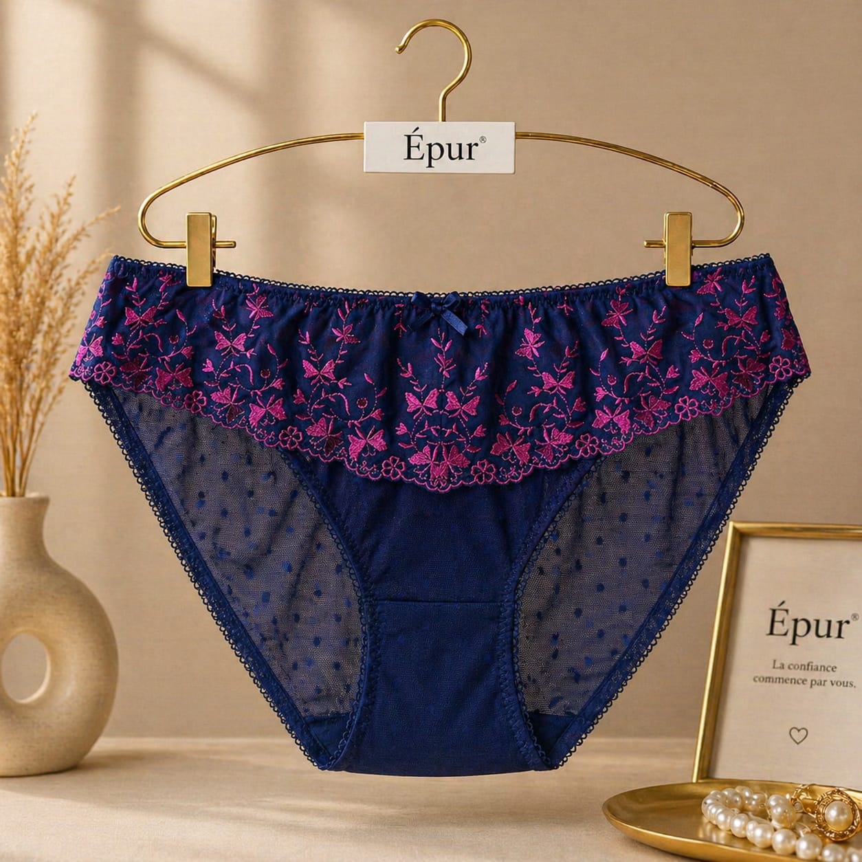 Slip Femme Bleu Marine Broderies Fuchsia | Grande Taille Lingerie Abidjan Taille 2XL
