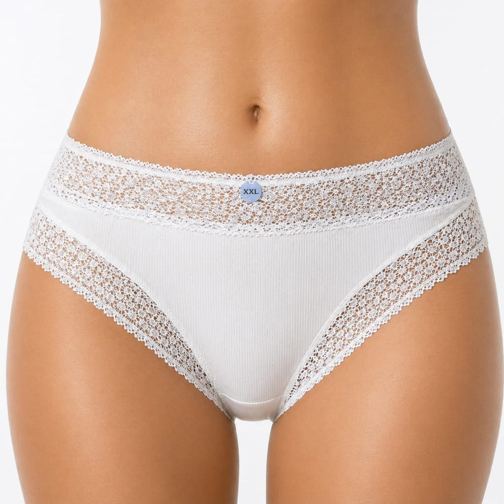 4032 Slip Femme Blanc Coton Côtelé & Dentelle Ajourée – Grande Taille Confort | Lingerie Abidjan 2XL