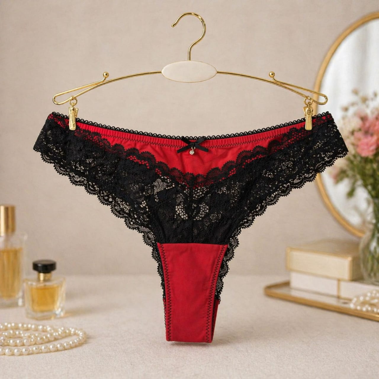 String Femme Satin & Dentelle Bicolore – Rouge & Noir La Halle Taille S