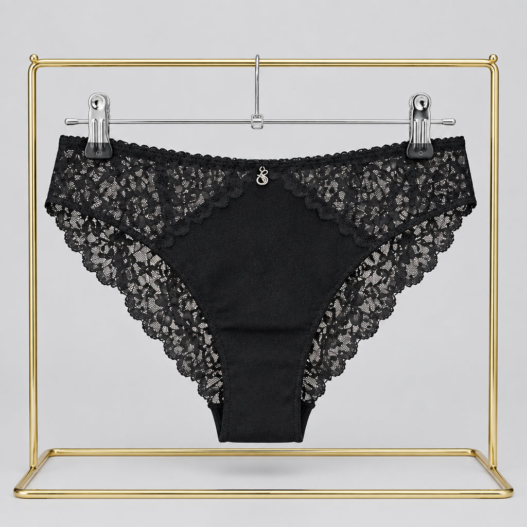 4186 Culotte Noire Fond Satiné Dentelle Fleurs Dorées – Éclat Discret. Taille L