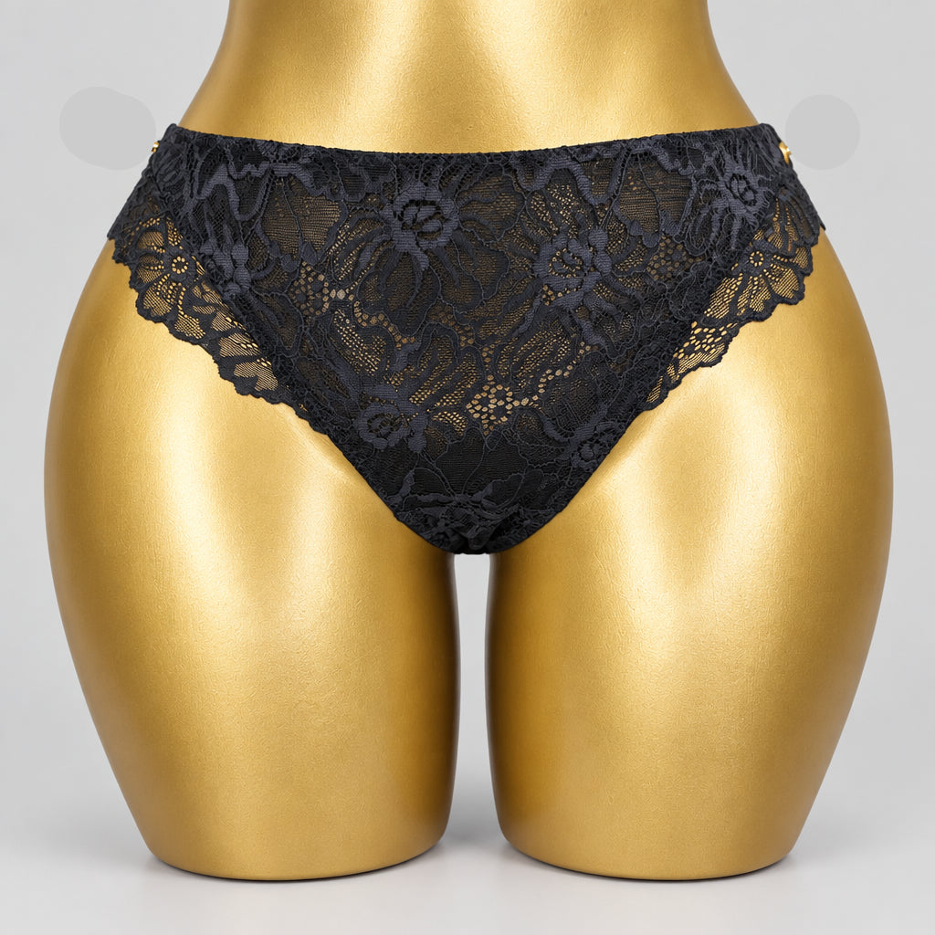 4158 Culotte Noire Dentelle Florale Échancrée – Élégance Nocturne. Taille M/L