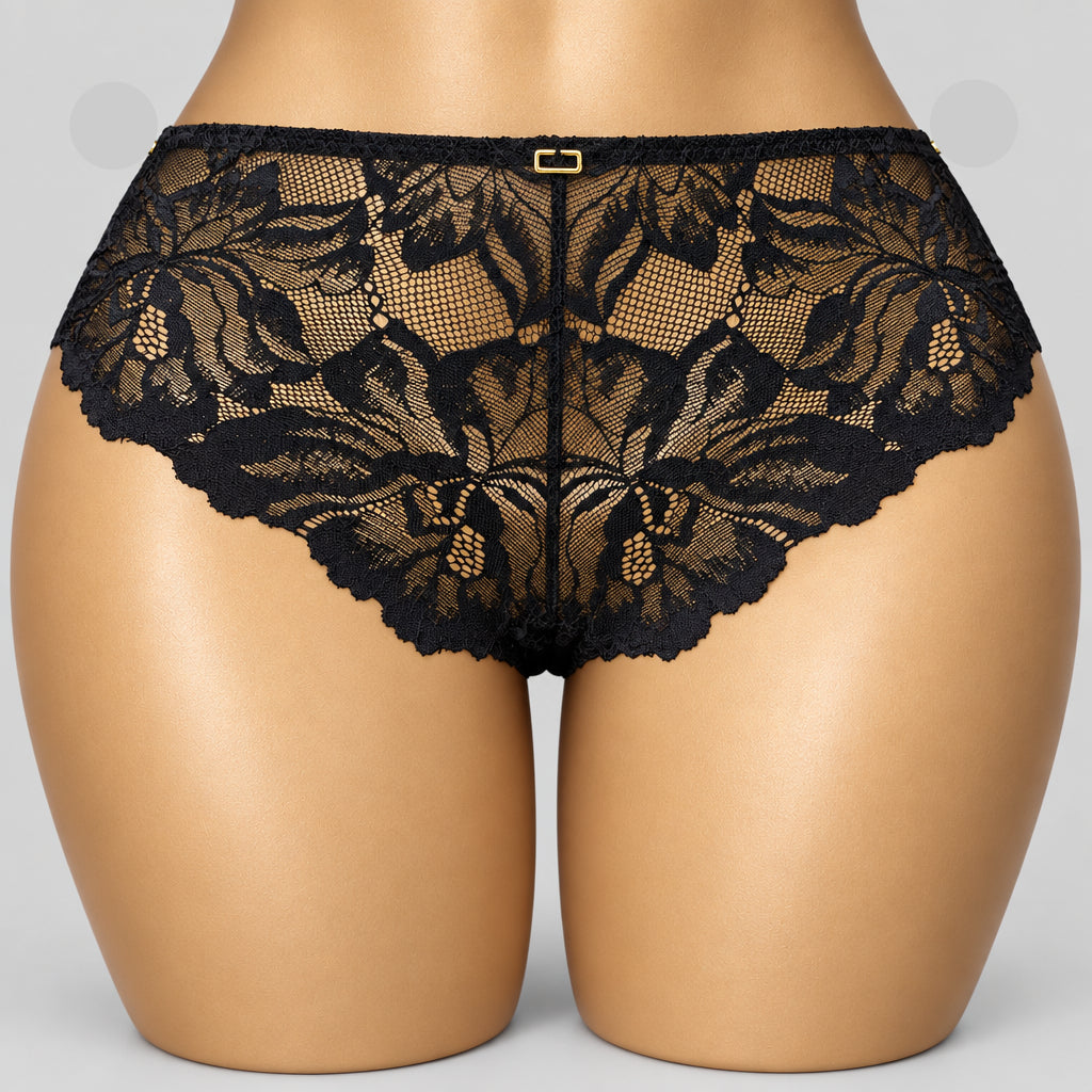 4164 Culotte Shorty Noire Dentelle Florale Grand Motif – Élégance Absolue. Taille M