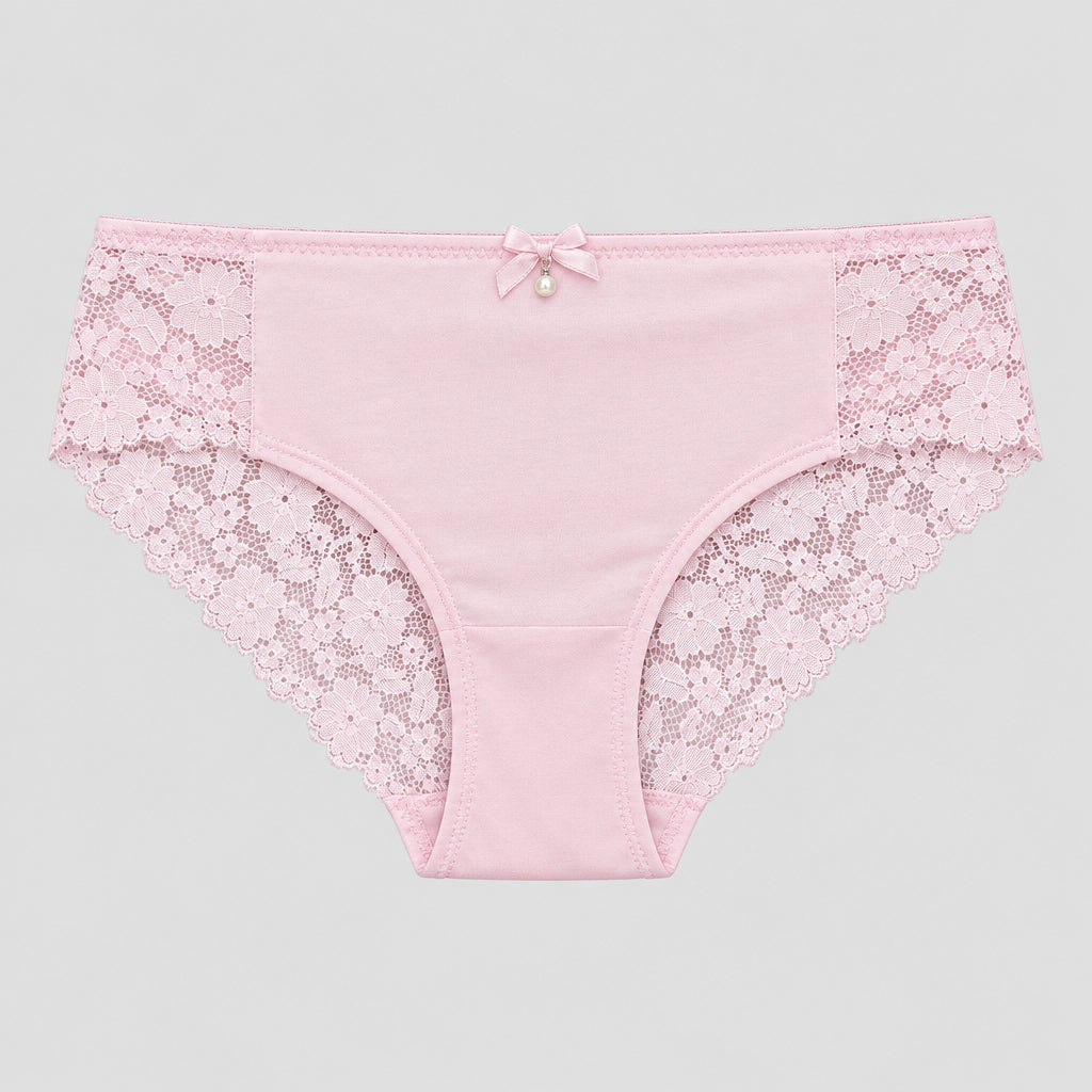 4172 Culotte Rose Pâle Fond Satiné Dentelle Florale – Douceur Poudrée. Taille M