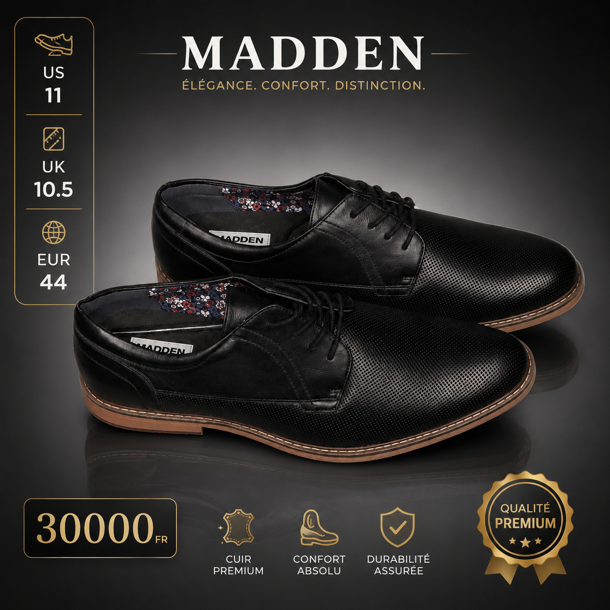 1202 - Chaussures Homme Madden Cuir Premium – Derby Noir Pointure 44