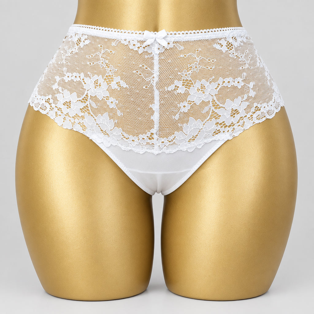 4161 Culotte Blanche Dentelle Fleurie Fond Satiné – Douceur Discrète. Taille M/L