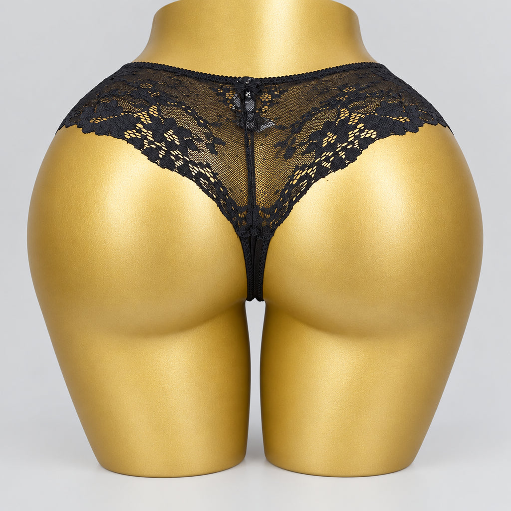 4160 Culotte Noire Dentelle Fleurie Fond Satiné – Douceur Discrète. Taille M/L
