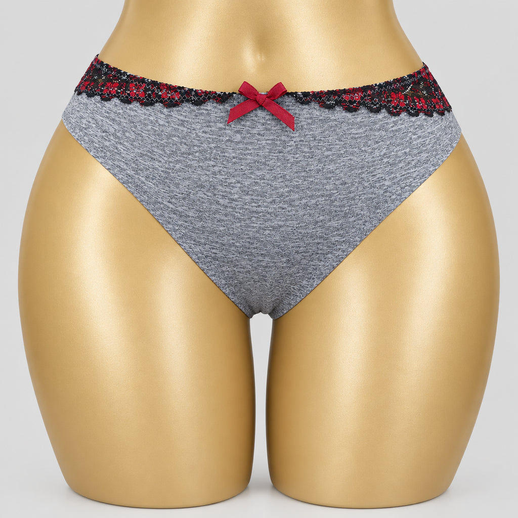 4171 Culotte Grise Chinée Dentelle Rouge & Noire – Contraste Audacieux. Taille M/L