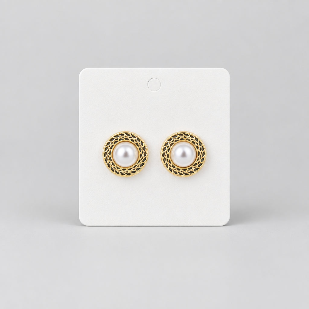 4210 Boucles d'Oreilles Médaillon Doré Perle Nacrée – Charme Rétro