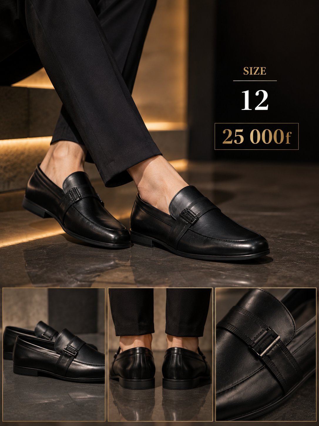 1204 - Mocassins Homme Cuir Noir – Loafer Boucle Métal Pointure 45
