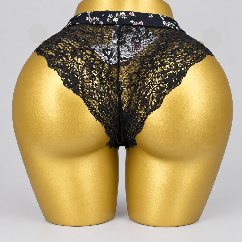 4169 Culotte Hipster Noire Dentelle Florale Ceinture Fleurie – Romance Fleurie. Taille M/L