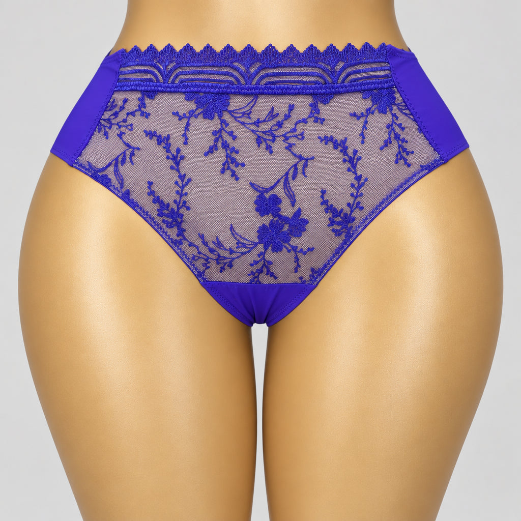 4195 Culotte Bleue Dentelle Florale Taille Haute – Éclat Mystique. Taille L