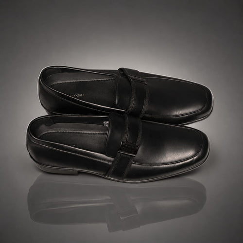 1204 - Mocassins Homme Cuir Noir – Loafer Boucle Métal Pointure 45