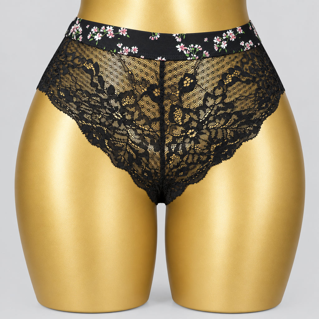 4169 Culotte Hipster Noire Dentelle Florale Ceinture Fleurie – Romance Fleurie. Taille M/L