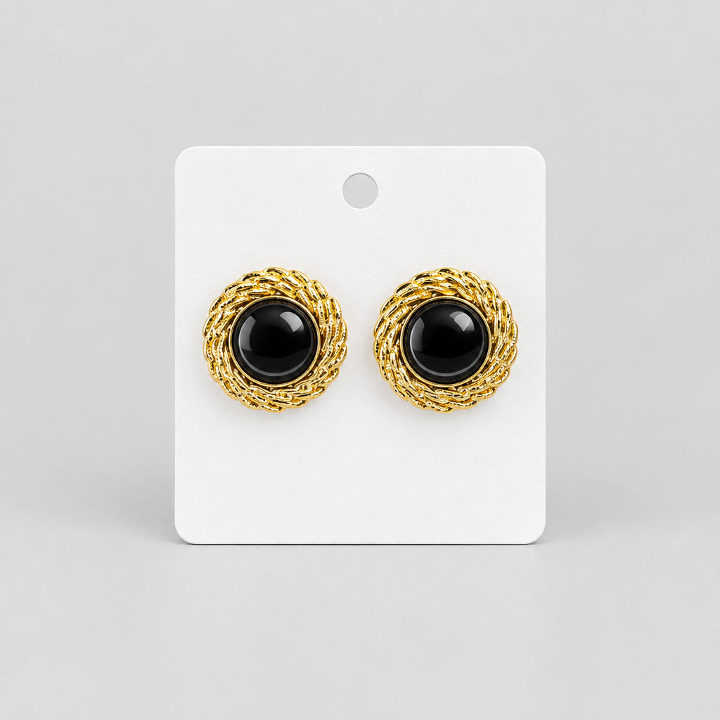 4207 Boucles d'Oreilles Spirale Dorée Cabochon Noir – Allure Vintage