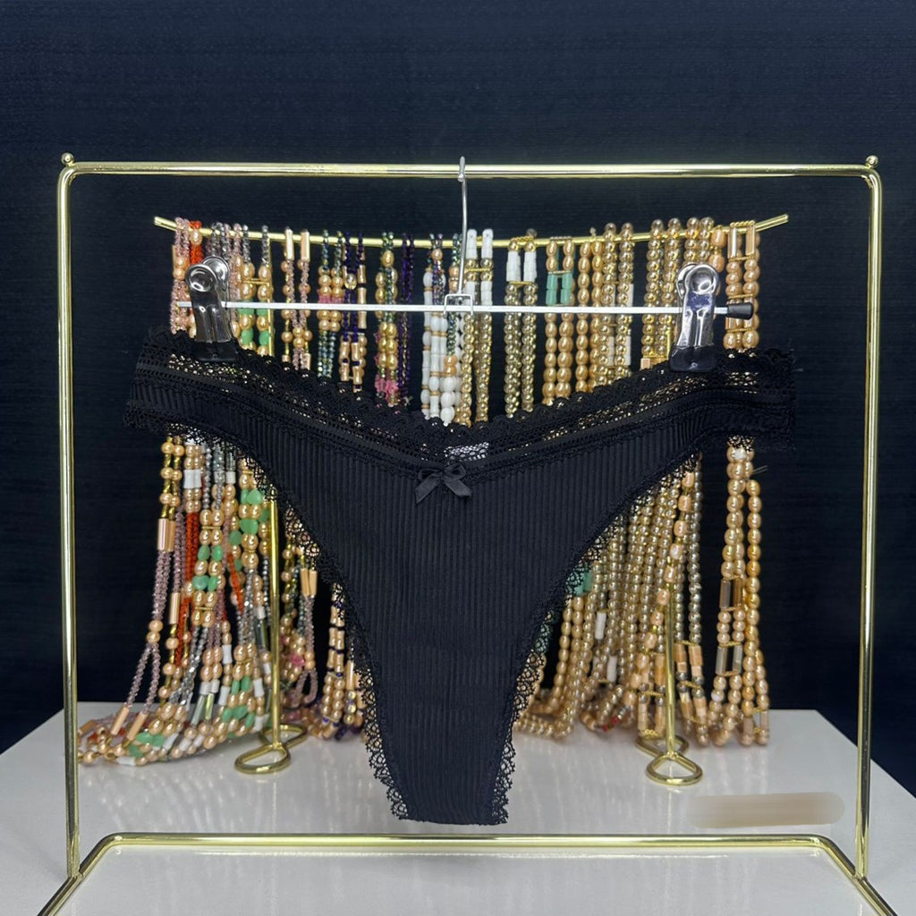 4104 Culotte Noire Côtelée Bordure Dentelle & Petit Nœud – Style Chic. Taille M
