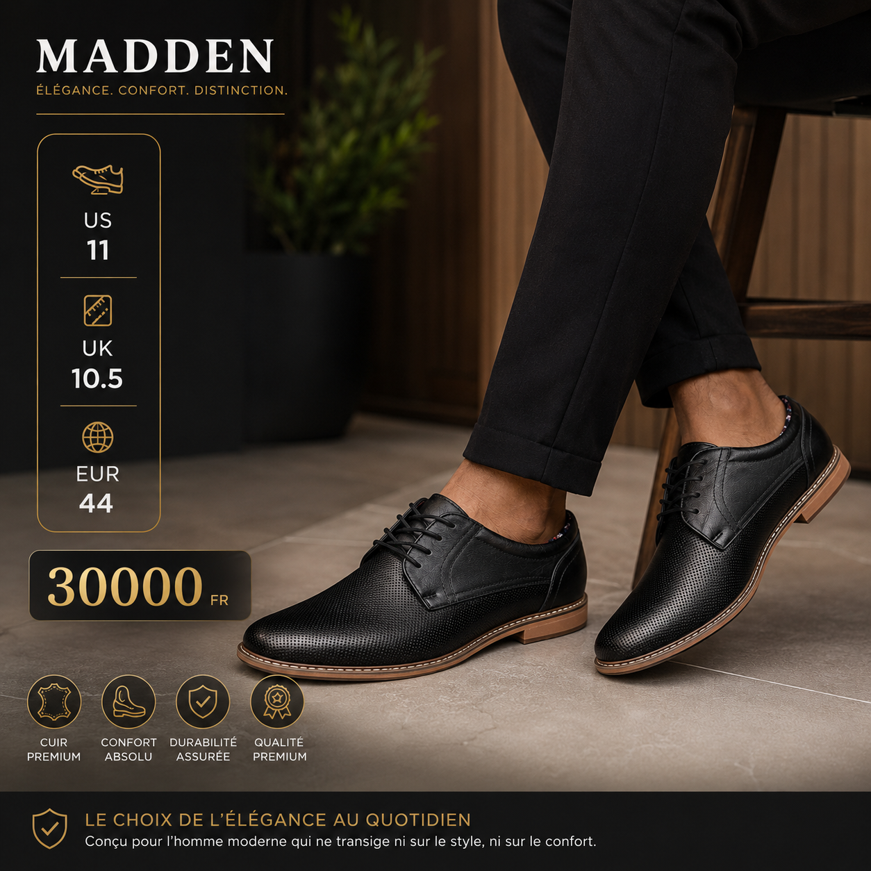 1202 - Chaussures Homme Madden Cuir Premium – Derby Noir Pointure 44