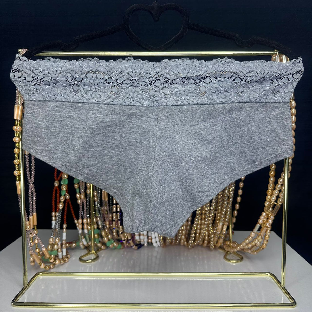4099 Culotte Grise Chinée Bordure Dentelle & Petit Nœud – Confort Doux. Taille L