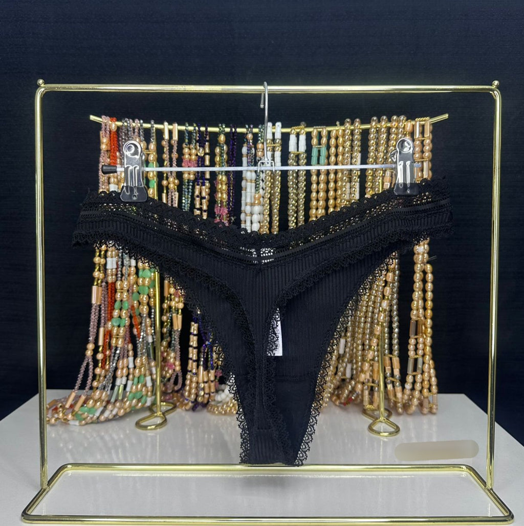 4104 Culotte Noire Côtelée Bordure Dentelle & Petit Nœud – Style Chic. Taille M