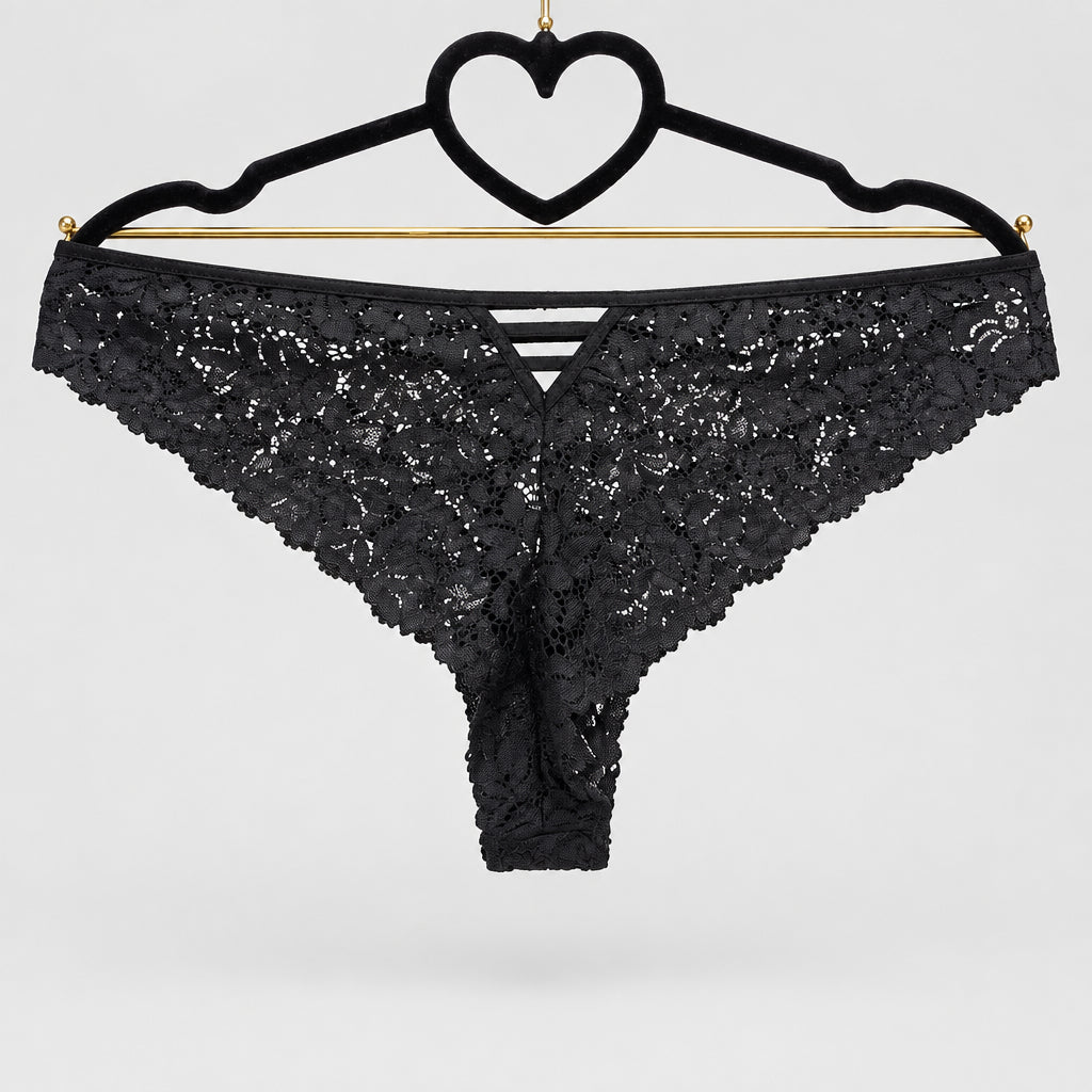 4159 String Noir Dentelle Pailletée Brides Croisées – Glamour Nocturne. Taille M