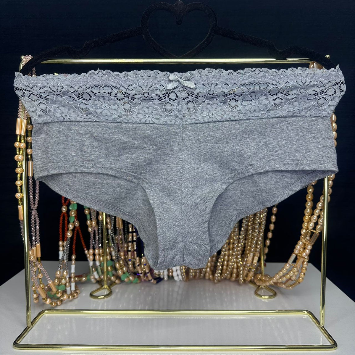 4099 Culotte Grise Chinée Bordure Dentelle & Petit Nœud – Confort Doux. Taille L