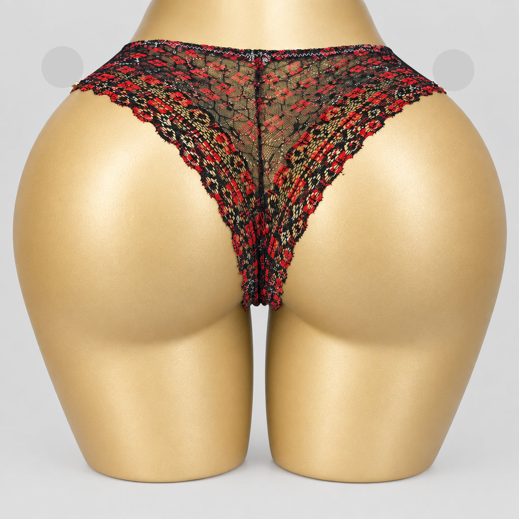 4171 Culotte Grise Chinée Dentelle Rouge & Noire – Contraste Audacieux. Taille M/L