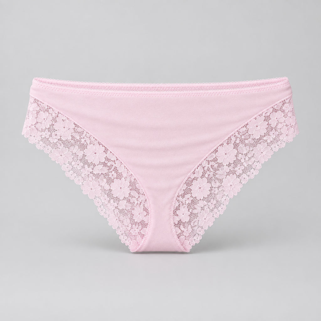 4172 Culotte Rose Pâle Fond Satiné Dentelle Florale – Douceur Poudrée. Taille M